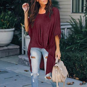 High Low Ruched Drop Sleeve Top: Bordeaux